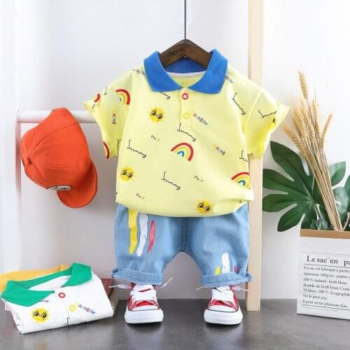 Summer Fashion Kids Clothing Sets Rainbow Print Childrens Clothing T-Shirt + Shorts Soft Denim Shorts Baby Boys Clothes 1-4 Y