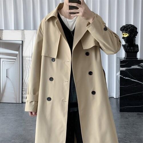 2021 Spring Autumn Korean Style Trench Men Fashion Khaki Casual Long Overcoat Male Streetwear Loose Suit Top Windbreaker