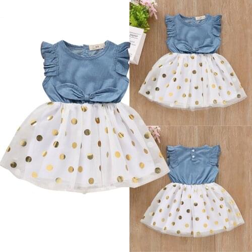 Pudcoco Toddler Baby Girl Dress Denim Ruffle Princess Party Pageant Tutu Tulle Dress Outfit Casual Sundress