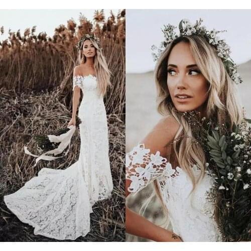 Beach Wedding Dresses Side Split Spaghetti Sexy Illusion Boho A-Line Wedding Dresses Pearls Backless Bohemian Bridal Gowns
