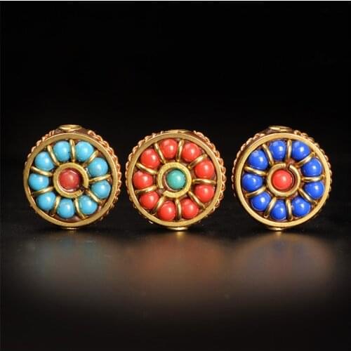 SEA MEW 2 PCS 18mm*8.5mm Round Metal Copper Inlay Nepal Bead Spacer Beads 2mm Hole Bead For Jewelry Making