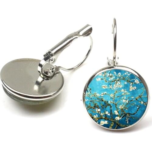 Van Gogh Almond Stud Earrings Branch in Bloom Art Dangle Earring Bridal Jewelry Goghs Painting Glass Cabochon Earring wholesale
