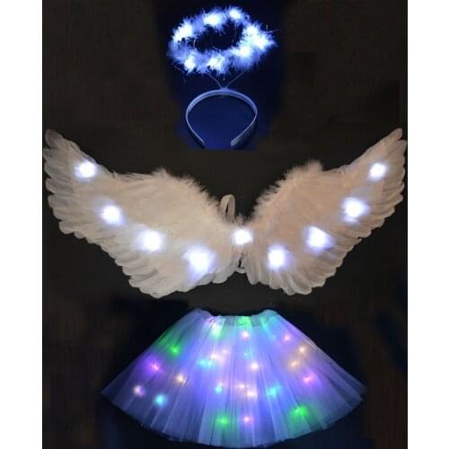 Glowing Angel Feather Wing Headband Tutu Skirt Light Party Birthday Cosplay Wedding Costume Glow Led Clothes Christmas Halloween