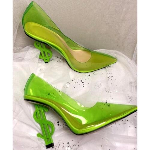 2020 new PVC Women dress Shoes metal heel Pointed Toe Wedding Dress Shoes strange music style heels slip on green pumps unique