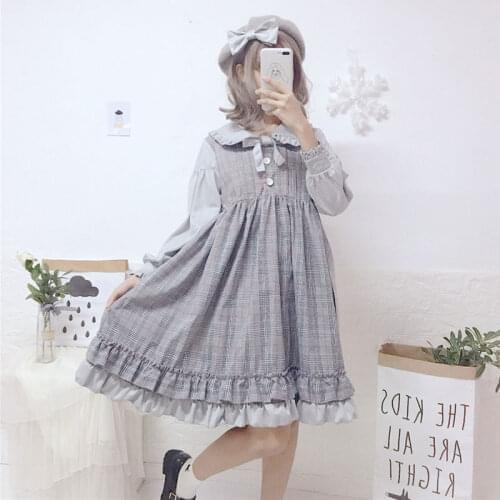 Lolita Dress Sweet Cute Japanese Kawaii Girls Princess Maid Vintage Gothic Printed cute bow doll collar stitching plaid dress