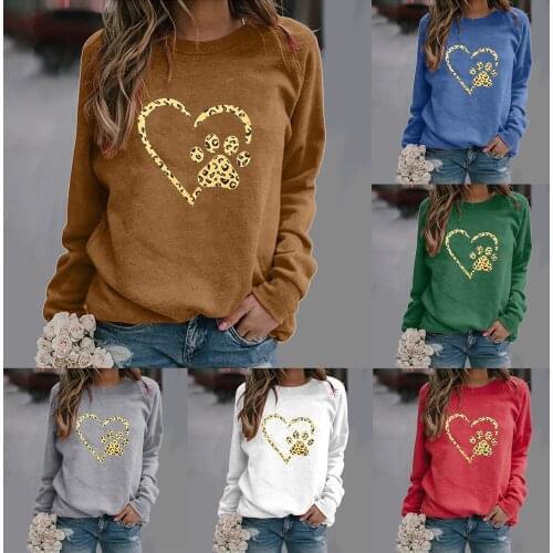 Women Tops 2021 Casual Long Sleeve Dog Paw Printing Shirt Blouse Solid Color O-neck Pullover Fashion Blouse Женская Рубашка