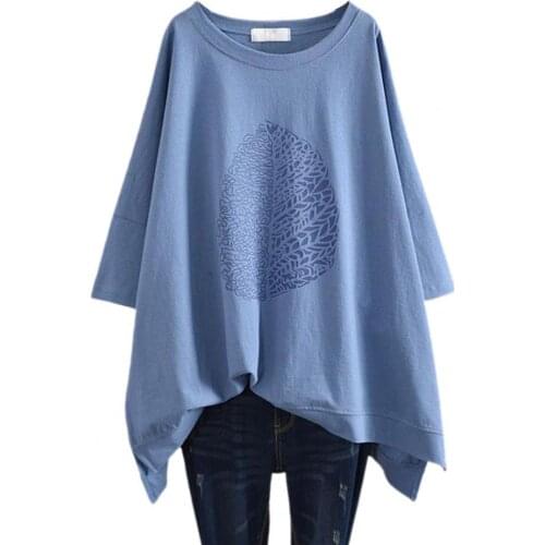 Summer Women T-shirt Short Sleeve O Neck Leaf Print Irregular Hem Loose Tee Top T Shirts for Femme