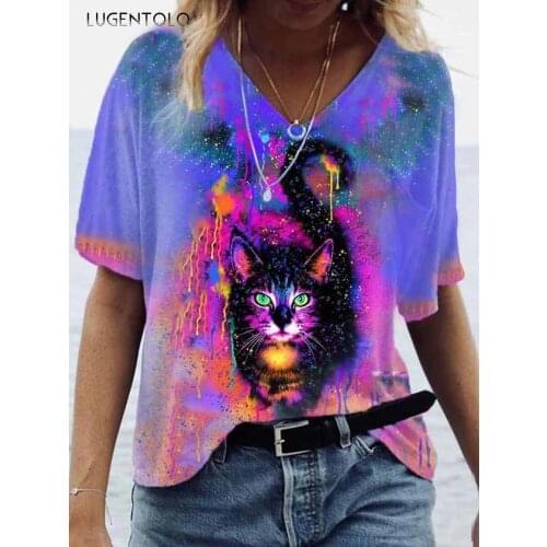 Women Summer T-shirt Short Sleeve Loose Tops Female Casual Cartoons Animal Print V-neck Fashion Street T-shirts