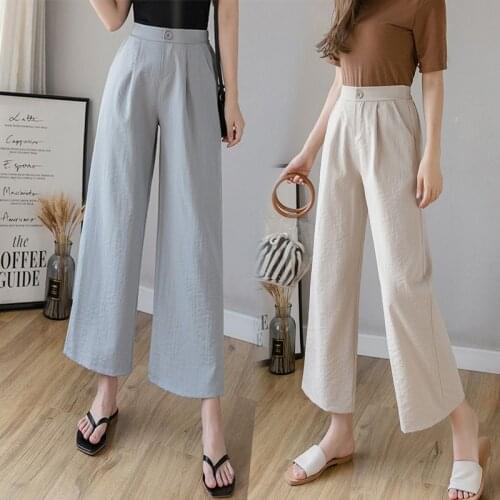Casual Cotton Linen Pants Women Spring High Waist Wide Leg Pants Summer Office Band Palazzo Trousers Female Black Loose Pants