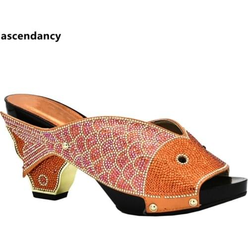 Latest Orange Color Shoes African Women Wedding Shoes High Quality Elegant Italian Women Shoes with Stone High Heels Women Pumps
