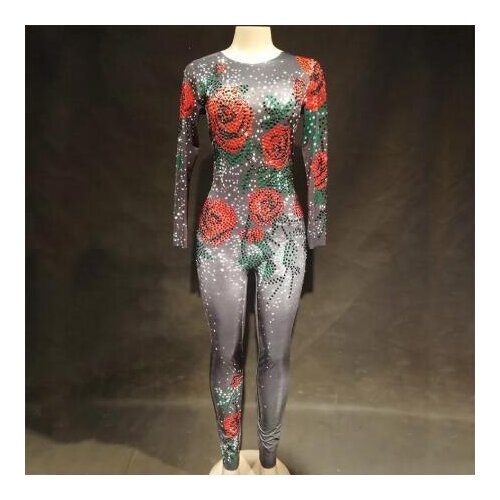 Women Birthday Celebrate Dance Party Bodysuit Stage Clothing Sparkly Rhinestones Jumpsuit Rose Flowers Stage Wear Dance Leggings