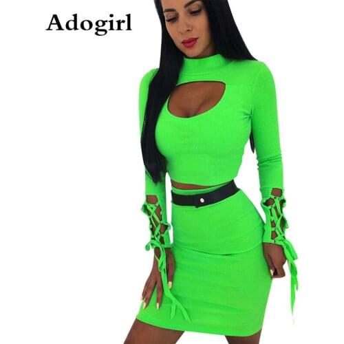 Adogirl Women 2 Piece Suit Skirt Streetwear Turtleneck Hollow Out Design O-Neck Long Sleeve Short Top+Elastic Waist Pencil Skirt