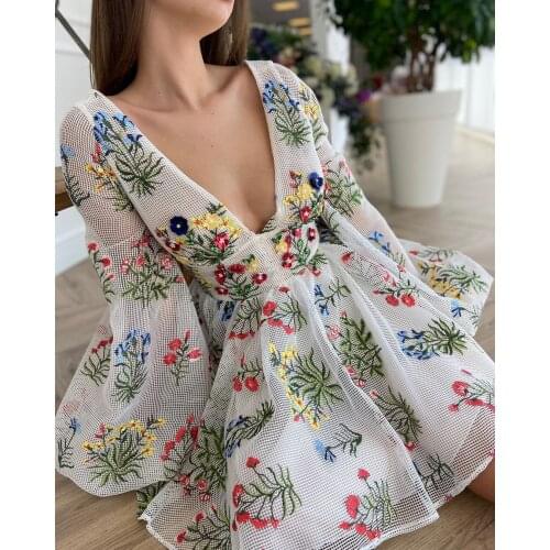 Mini Dress Women Elegant Sexy Party Dresses Long Lantern Sleeve Backless Floral Slim High Waist Big Hem Summer 2021 Vestidos