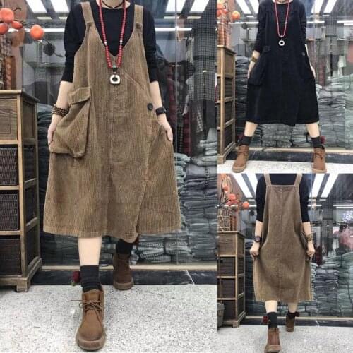 Autumn And Winter 2021 New Corduroy Strap Skirt Womens Loose Medium Length Slant Flap Art RETRO Show Thin Dress Women Vestido