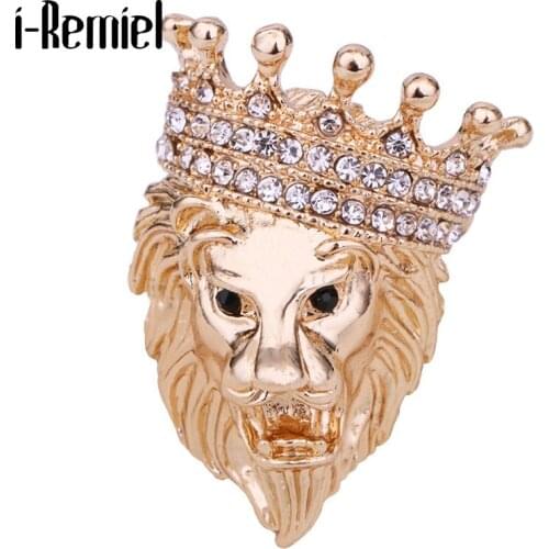 Animal Lion Brooch Rhinestone Crystal Crown Lapel Pin Coat Suit Badge Corsage Fashion Jewelry for Women and Men Accessories