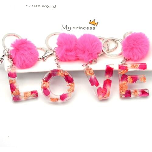 1Pc New Pink Pompom Key Ring 26 Letters English Key Chain Red Rose Gold Foil Filling Keychain Lady Bag Gift Women Handbag Charms