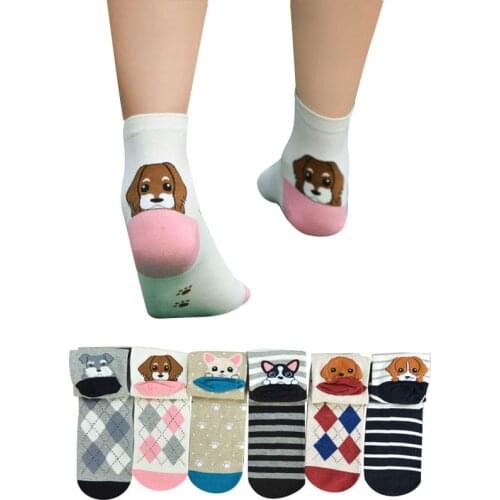 3 Pairs Women Cotton Short Socks Funny Cartoon Dogs Teddy Shepherd Schnauzer Pattern Happy Sock Striped Girls Female Socks Meias