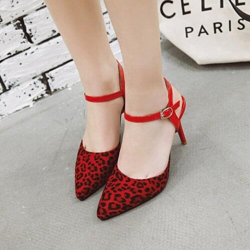 New style sandals Sexy Leopard Print color matching pointed high heels hollow one word buckle with thin heel large womens shoes