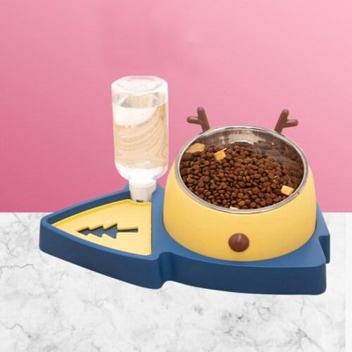 Colorful Cartoon Cute Dog Cat Food Bowl Water Dispenser Stainless Steel Pet Dog Grain Feeder with Water Bottle Container Bluecat