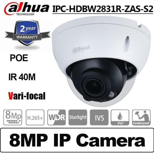 Dahua IPC-HDBW2831R-ZAS-S2 8MP IP Camera Vari-focal POE SD Card Slot H.265+ IR 10m IK10 Starlight Dome Network CCTV Camera