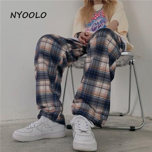 NYOOLO Vintage Classic Simple Elastic High Waist Plaid Patchwork Joggers Pants Women Men Casual Streetwear Hip Hop Goth Trousers