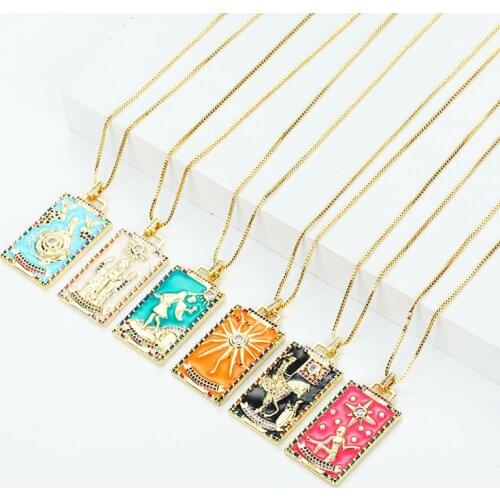 Enamel Tarot Pendant Necklace Zircon For Women Religious Women Necklace Sun Moon Dark Demon Angel Copper Snake Chain Necklace