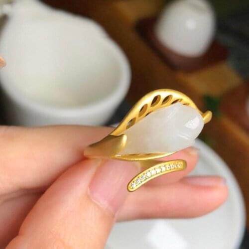 Jessy2019 New Pure Natural Hetian Jade Magnolia Ring S925 Sterling Silver Open Style Female Fresh and Elegant