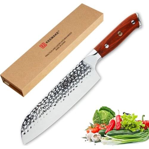 KEEMAKE 7 inch Santoku Knife German 1.4116 Steel Hammer Blade Kitchen Knives Color Wood Handle Sharp Meat Fruit Chefs Cutter