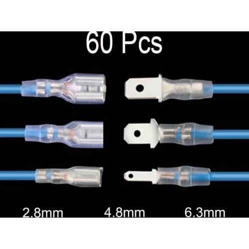 60Pcs Spade Terminal Electrical Connectors 2.8/4.8/6.3mm Butt Terminals for Wire 12/18awg Crimp Cable Eletrico Car Accessories