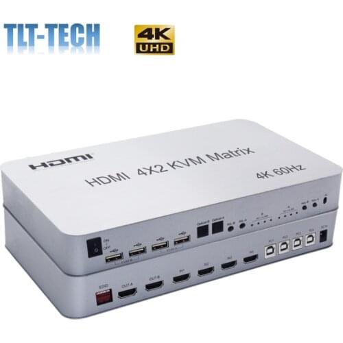 4x2 HDMI KVM Matrix Audio Video Switch Splitter 4 Input 2 Monitor Dual Display 4K 60Hz USB 2.0 Keyboard Mouse Control 4 Computer