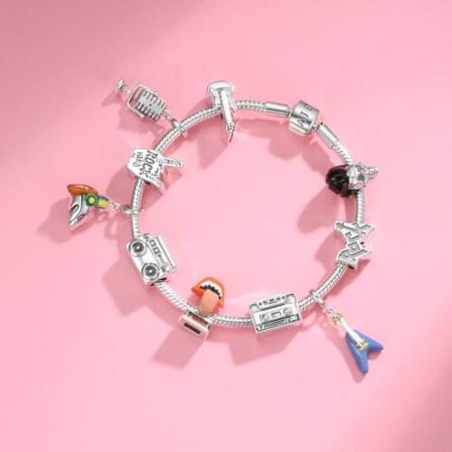 Rock Style Skull Electric Guitar Beth Microphone 925 Sterling Silver Charms DIY Fit Original European Charms Bracelet Making