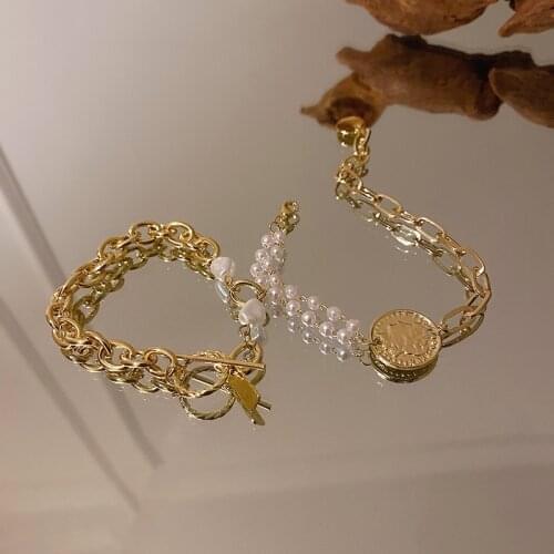 Minar 2 Designs Retro Simulated Pearl Asymmetry Bracelet for Women Gold Color Coin Portrait Chunky Link Chain Charm Bracelets