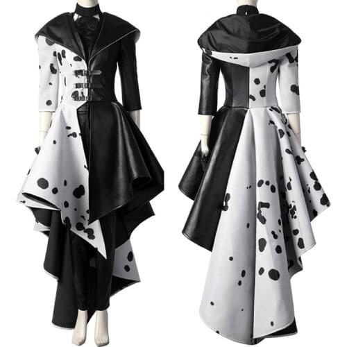 New Arrival Cruella Costume Cosplay Evil Queen Black White Evening Party Dress Fashion Emma Magic Women Suit Coat Pants Gloves