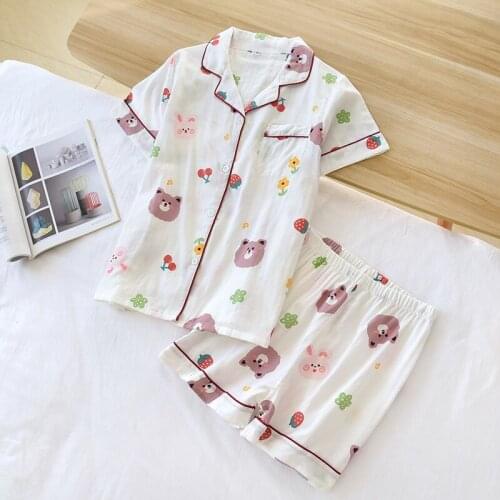 Kroean Style Cotton Gauze Pajamas Set Women Short Sleeve Shirts+Pants Plus Size Home Service 2 Piece Pijamas Student Sleepwear