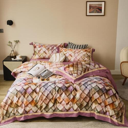 Luxury Colorful Art Lattice Printing Satin Egyptian Cotton Bedding Set Double Duvet Cover Set Bed Linen Bedspread Home Textiles