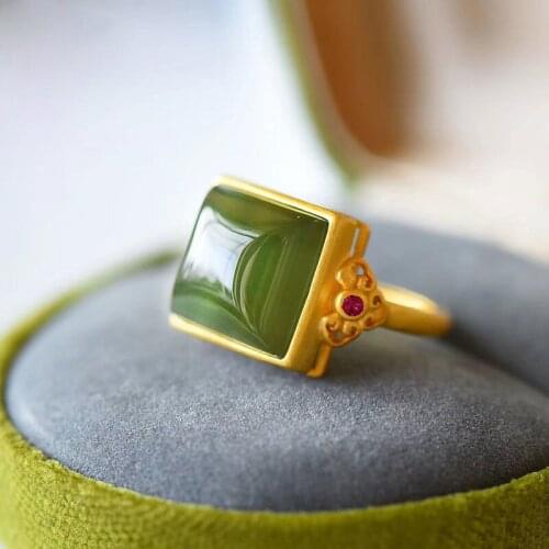 S925 Sterling Silver Natural Hetian Jade Gray Jade Ring Geometry Square Ring Fashion All-Match Ornament