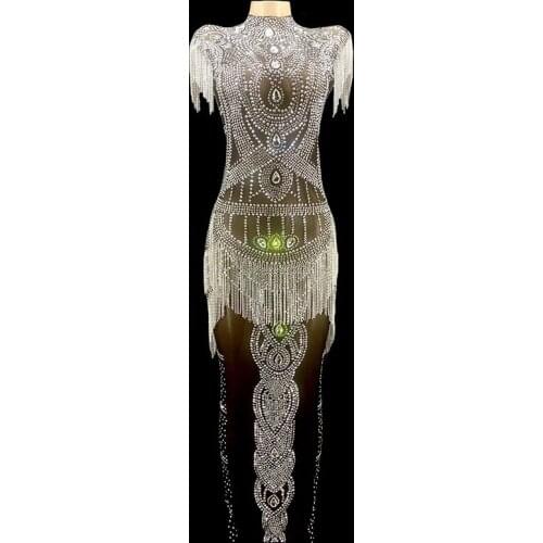 Sexy Luxurious Silver Crystays Fringes Black Mesh Transparent Long Dress Evening Birthday Celebrate Gown Outfit Stage Show Dress