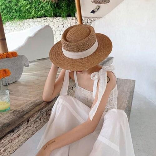 Women Summer Woven Straw Banded Sun Hat Holiday Vacation Flat Wide Brim Sunscreen Casual Outdoor Boater Beach Jazz Cap