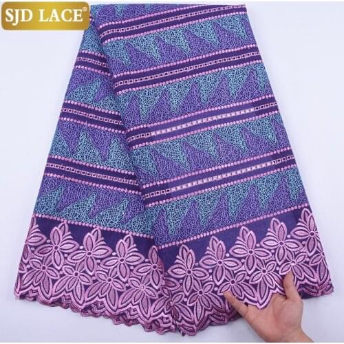 SJD LACE Purple Swiss Voile Lace In Switzerland Embroiderey African Dry Lace Fabric With Stones Cotton For Wedding Dress A2017