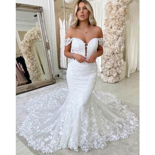 Pure White Plus Size Arabic Aso Ebi Mermaid Wedding Dresses Lace Beaded Vintage Bridal Gowns Off The Shoulder Sweep Train Design