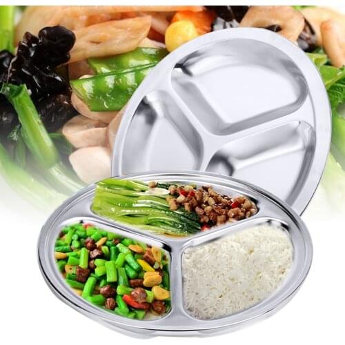 1pc Stainless Steel Dinner Plate 3 Sections Divided Dish Round Snack Dinner Silver Plates For Home Supplies