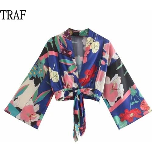 TRAF Za 2021 Top Women Blouse Summer Print Ruched Long Sleeve Shirt Woman Clothing Bow Vintage Tops Female Short Elegant Shirt