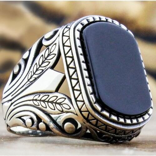 Vintage Big Black Onyx Stone Handmade Turkish Mens Ring Retro Hollow Leaf Pattern Ring Punk Jewelry Anniversary Gift For Him