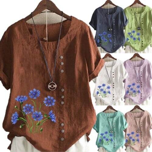 Womens Fashion Linen Shirt Flower Printed T-shirt Summer Short Sleeve Tops O-neck Loose Blouse S-5XL