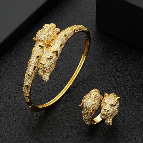 Zlxgirl jewelry Luxury brand leopard shape animal mens wedding bangle ring jewelry sets zirconia bracelet anel aneis bijoux set