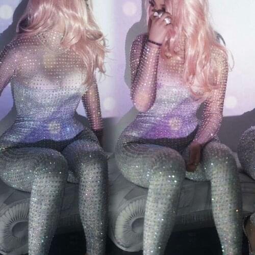 Sparkly Full Rhinestone Long Sleeve Jumpsuit Women Sexy Stage Outfit Birthday Party Female Dance Bodysuit Leggings Club Overalls