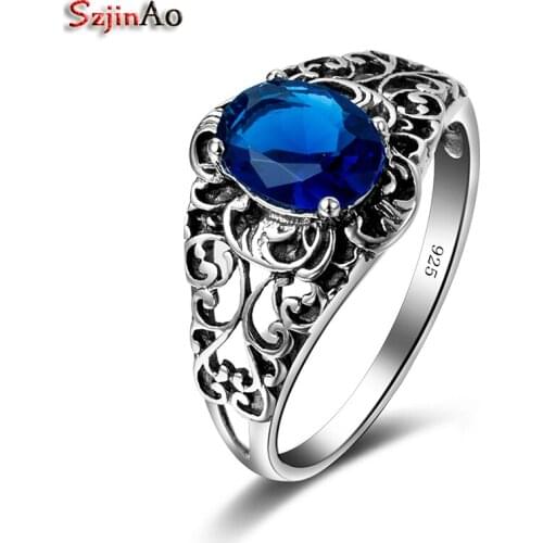 Szjinao Fashion 925 Sterling Silver Flower Rings For Women Love Blue Stone Sapphire Round Hollow-out Vintage Jewelry Wholesale
