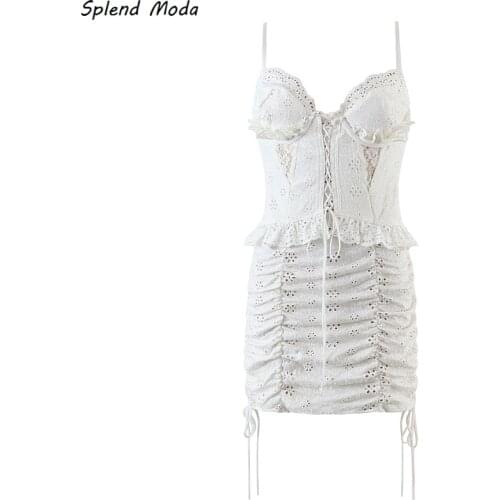 Splend Moda 2021 Summer French Sexy Lace Embroidered Folds Suspender Women Tie Bandage Back Hollow Out Dress Solid Color Vestido
