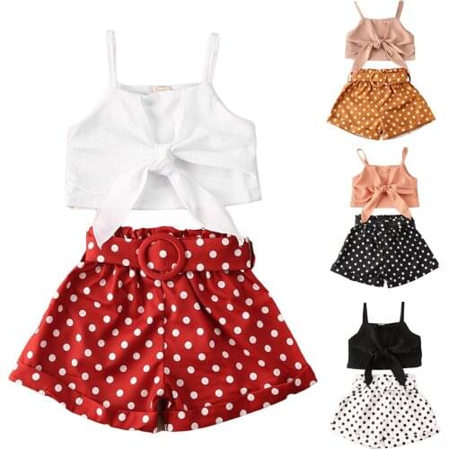 2020 Summer Toddler Baby Girl Clothes Bow Solid Vest Tube Top Dot Shorts With Belt Pants 2pcs Fashion Kids Clothing Set 0-6Y