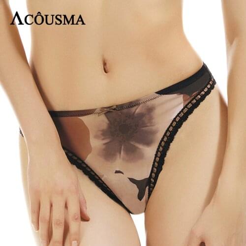 ACOUSMA Women Sexy Panties Floral Print G-String Seamless T Back Thongs Bowknot Cotton Cortch High Quality Comfortable 2 Colors
